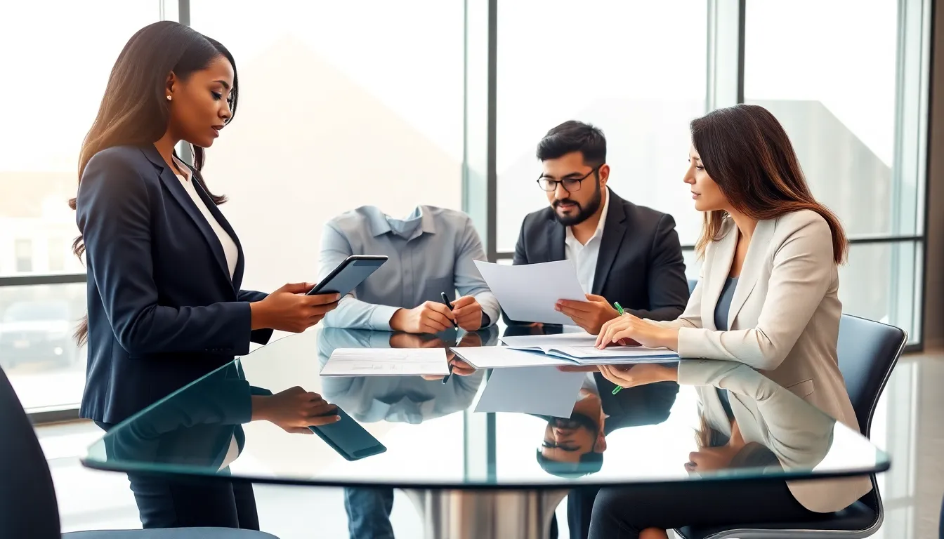diverse professionals discussing data in a modern office.